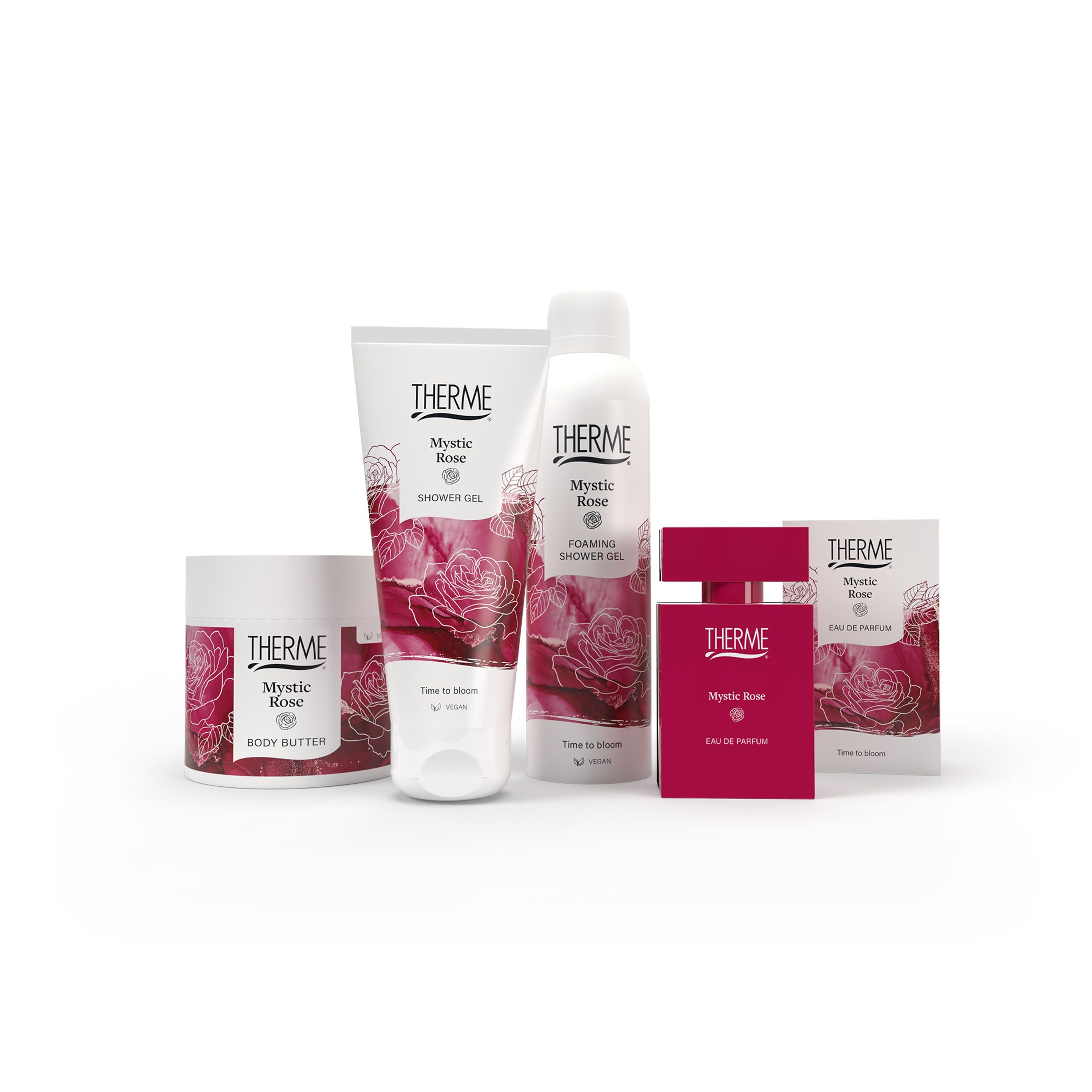 Productset. Body butter, douchegel, schuimdouche, parfum, geschenkverpakking.