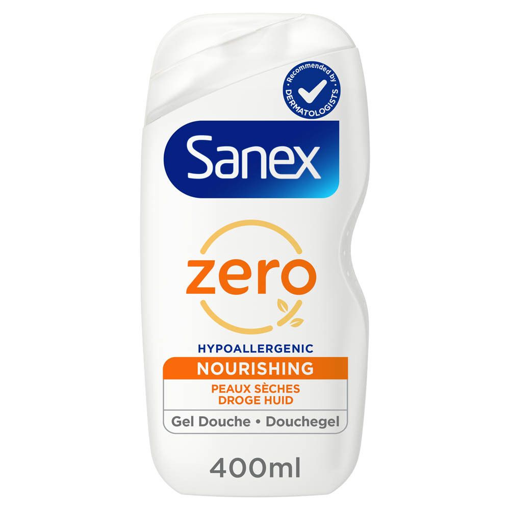 Witte Sanex-fles met blauw logo en oranje tekst. Tekst: Zero, hypoallergeen, 400 ml, voor de droge huid.