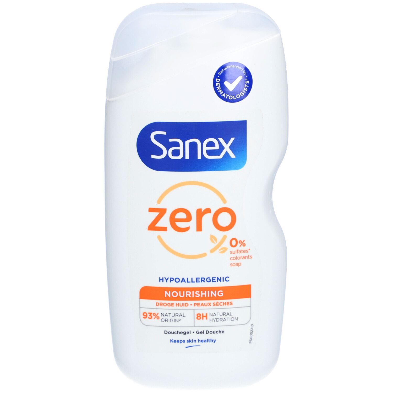 Witte Sanex-fles met blauw logo en oranje tekst. Tekst: Zero, hypoallergeen, 0% kleurstoffen, 93% natuurlijke oorsprong.