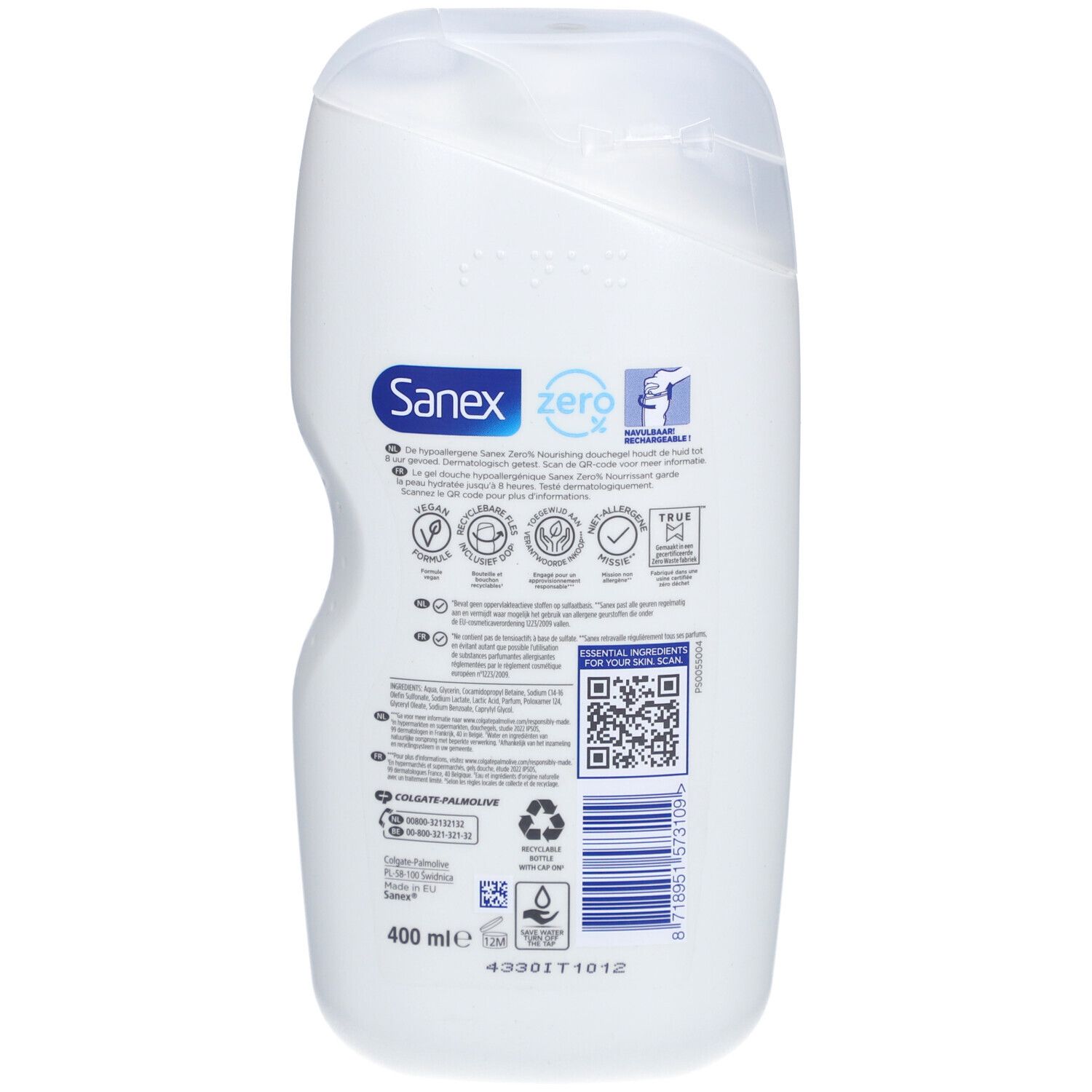 Achterkant witte Sanex-fles. Tekst: 400 ml, QR-code, recyclingsymbolen, dermatologisch getest, vegan, niet-allergene missie.