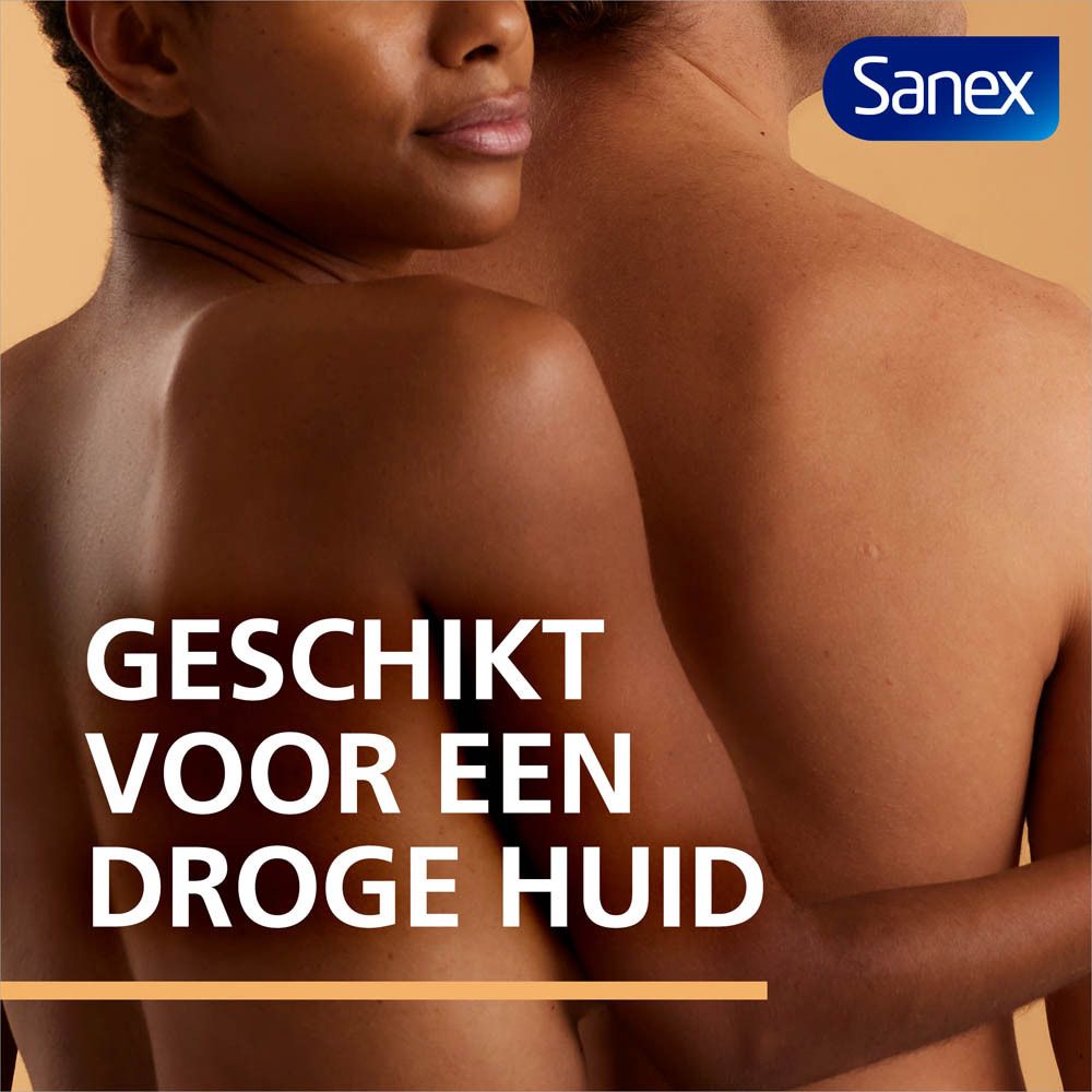 Twee mensen omarmen elkaar. Tekst: Geschikt voor een droge huid. Sanex-logo rechtsboven.