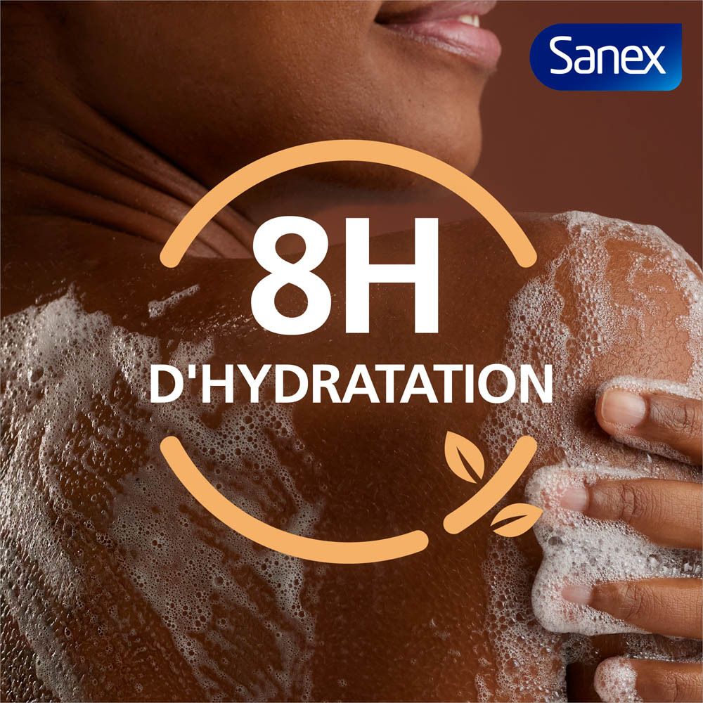 Personne avec de la mousse sur le dos. Texte : 8H d'hydratation. Logo Sanex en haut à droite.