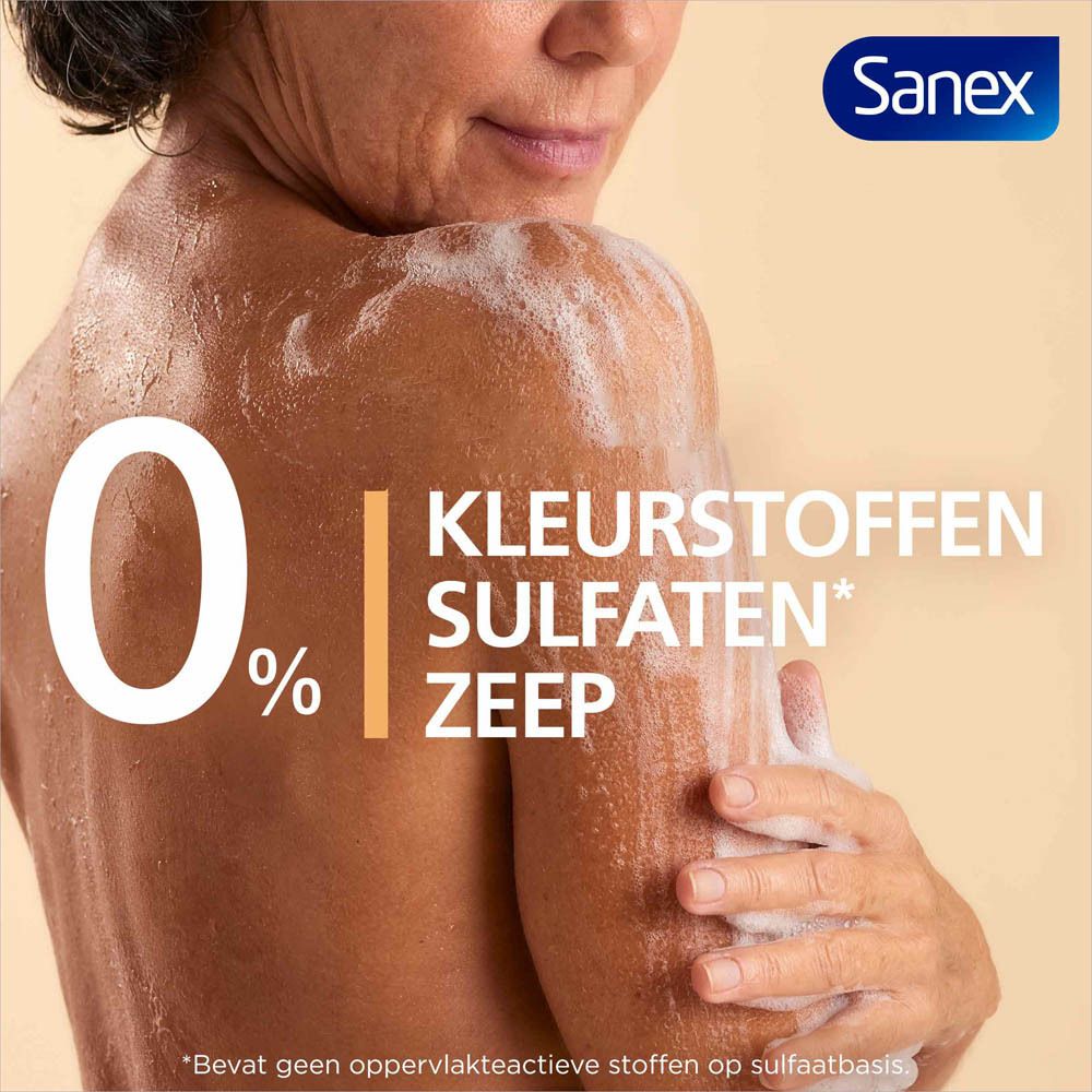 Persoon met schuim op de rug. Tekst: 0% kleurstoffen, sulfaten, zeep. Sanex-logo rechtsboven.