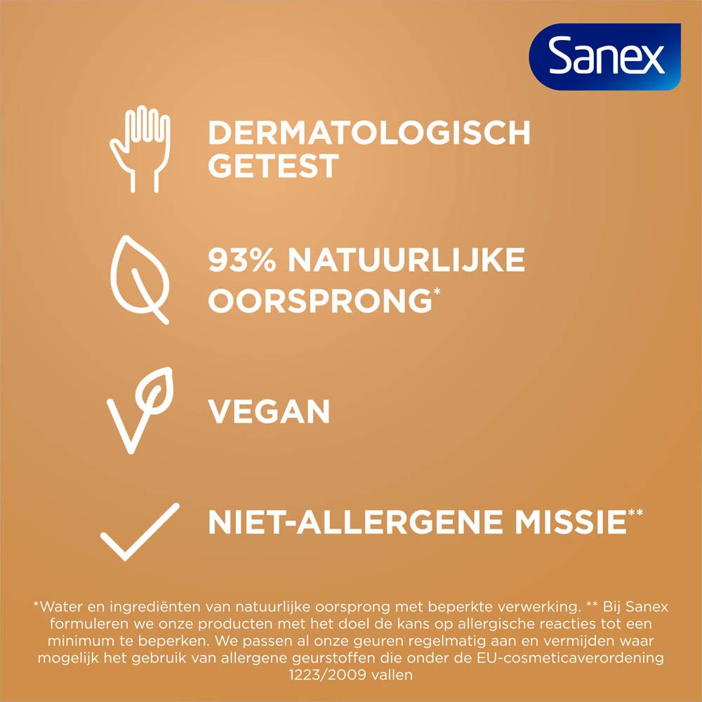 Tekst: Dermatologisch getest, 93% natuurlijke oorsprong, vegan, niet-allergene missie. Sanex-logo rechtsboven.