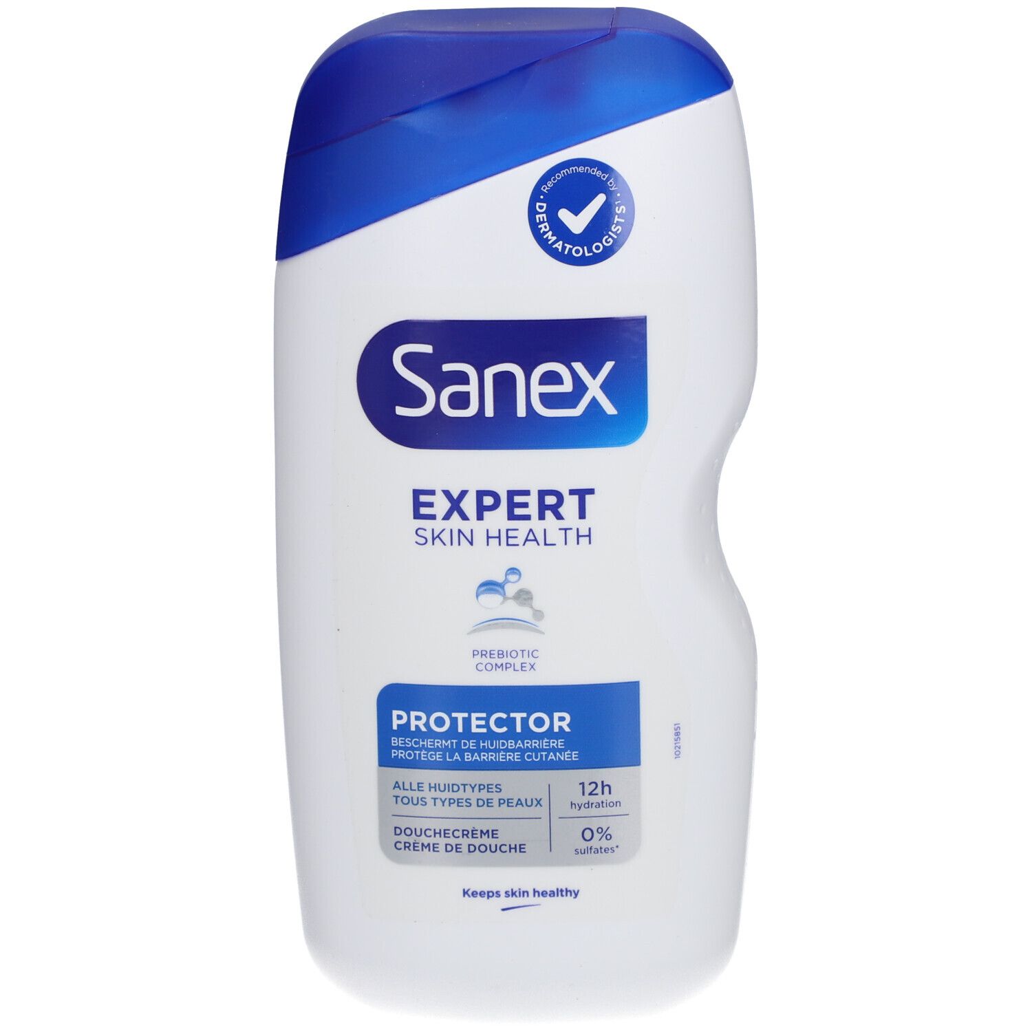 Sanex Expert Duschcreme Protector Prebiotic Flasche. Weiß, blau. Dermatologisch getestet.