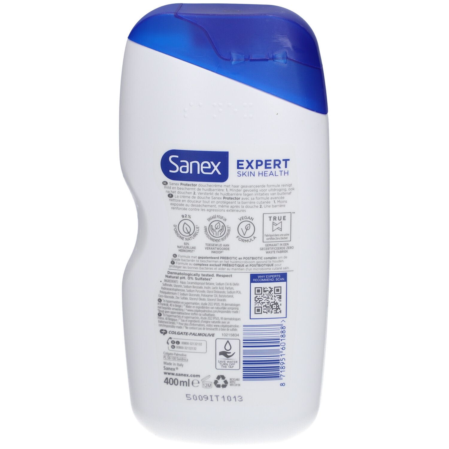 Rückseite der Sanex Expert Duschcreme Protector Prebiotic Flasche. Informationen und Logos.