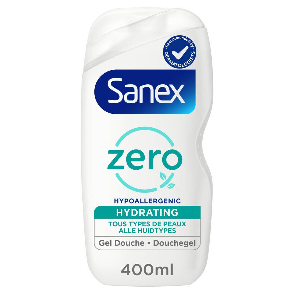 Flacon de gel douche Sanex Zero%. Blanc, inscriptions bleues et turquoise. Testé dermatologiquement, 400ml.