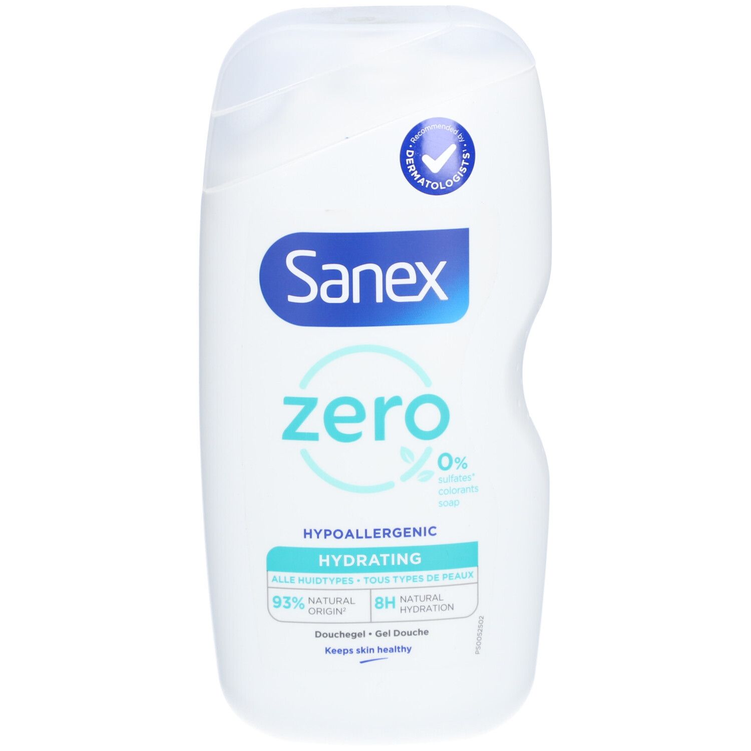 Flacon de gel douche Sanex Zero% blanc. Inscriptions bleues et turquoise. Testé dermatologiquement.