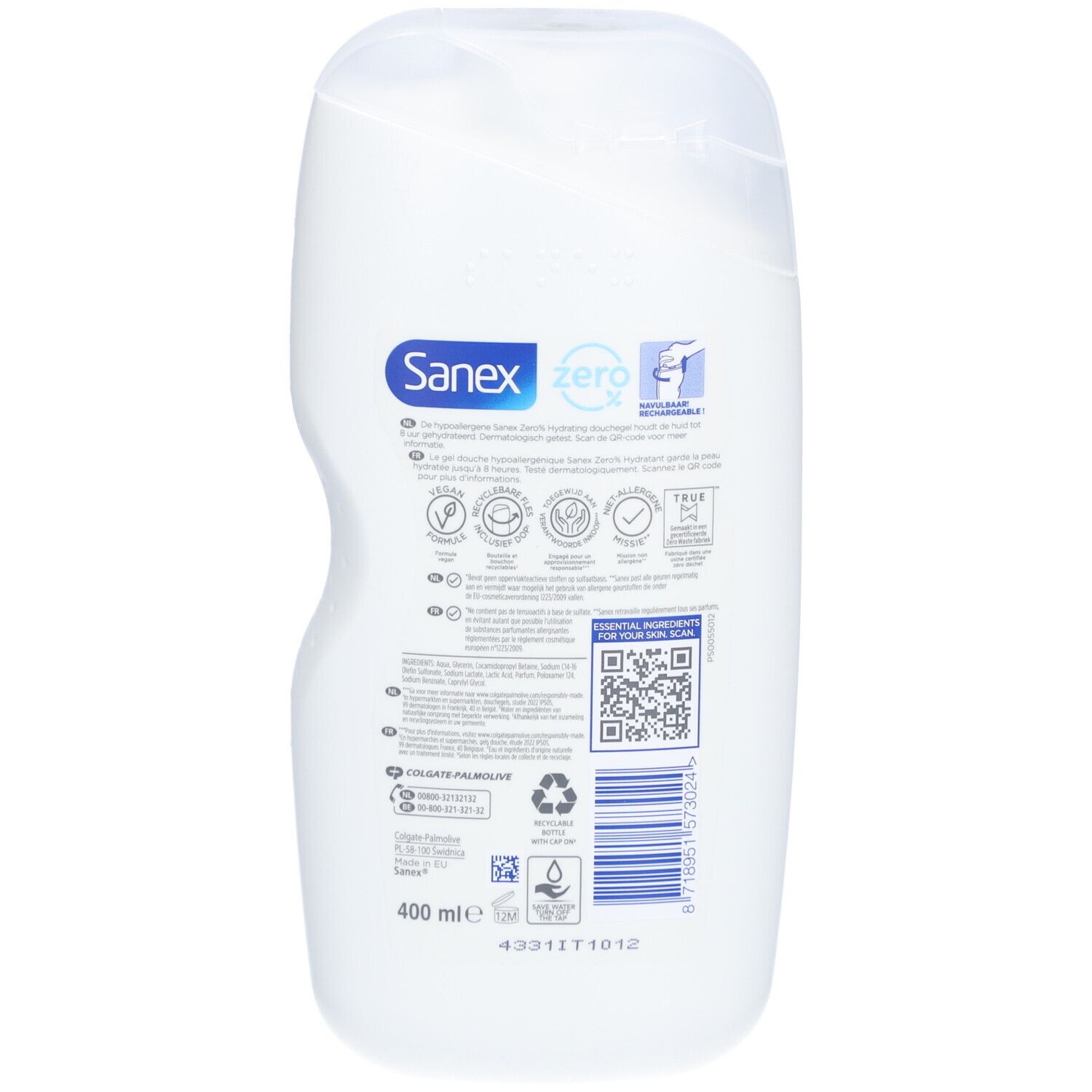 Dos du flacon de gel douche Sanex Zero%. Informations, code QR, symbole de recyclage et 400 ml.