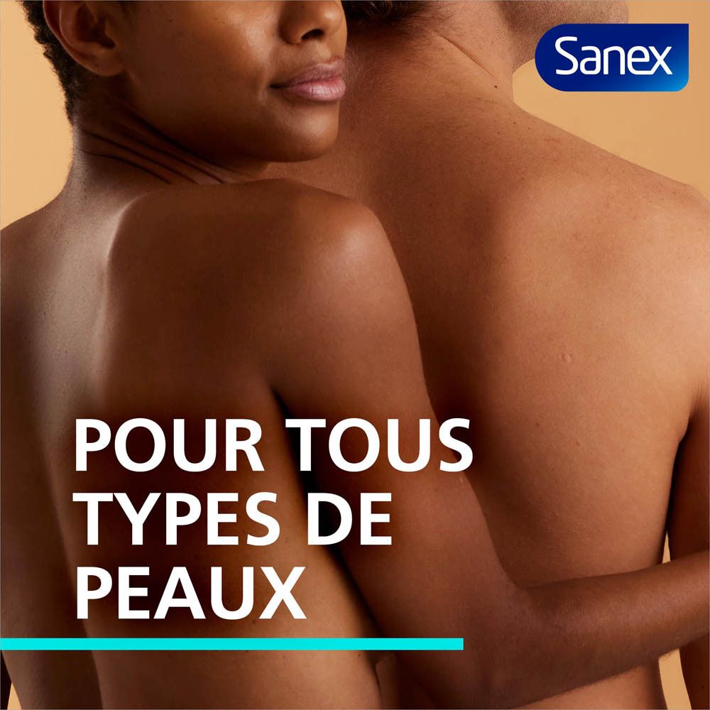 Deux personnes s'embrassent. Texte : POUR TOUS TYPES DE PEAUX. Logo Sanex en haut à droite.