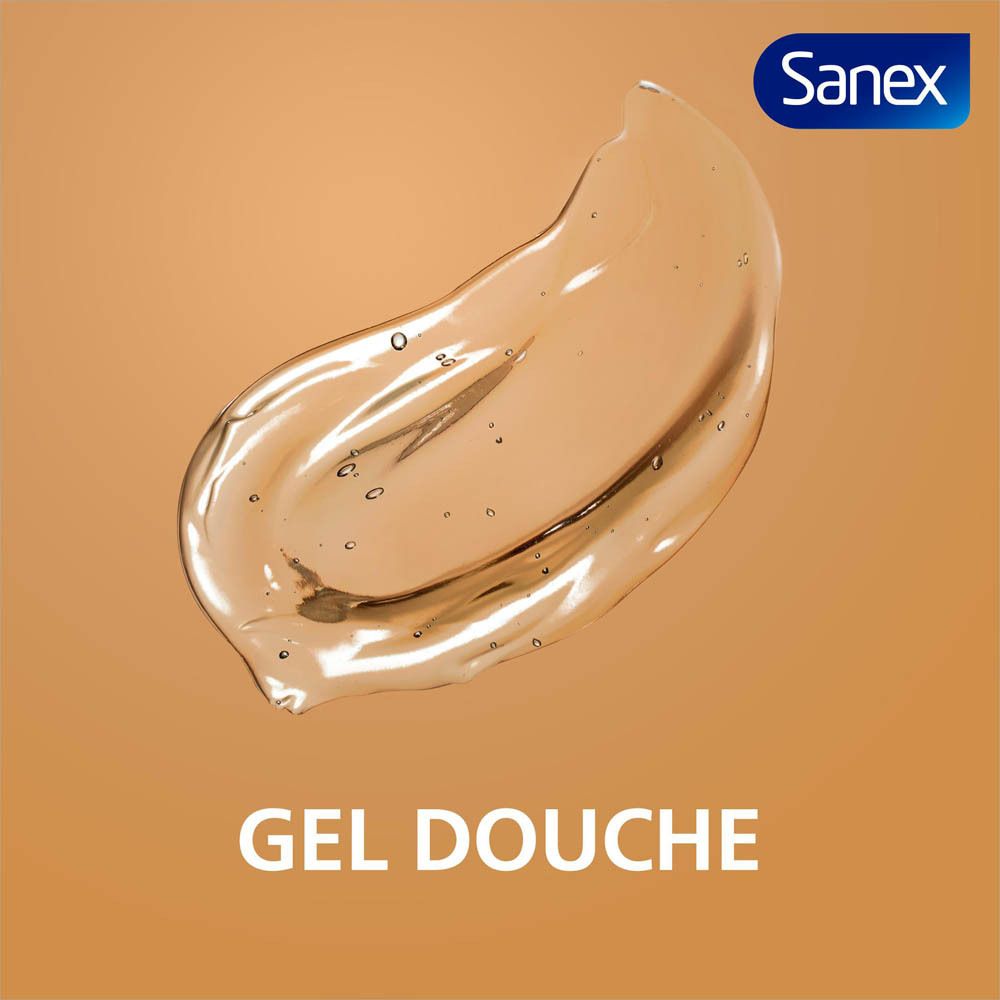 Texture gel sur fond marron. Texte : GEL DOUCHE. Logo Sanex en haut à droite.