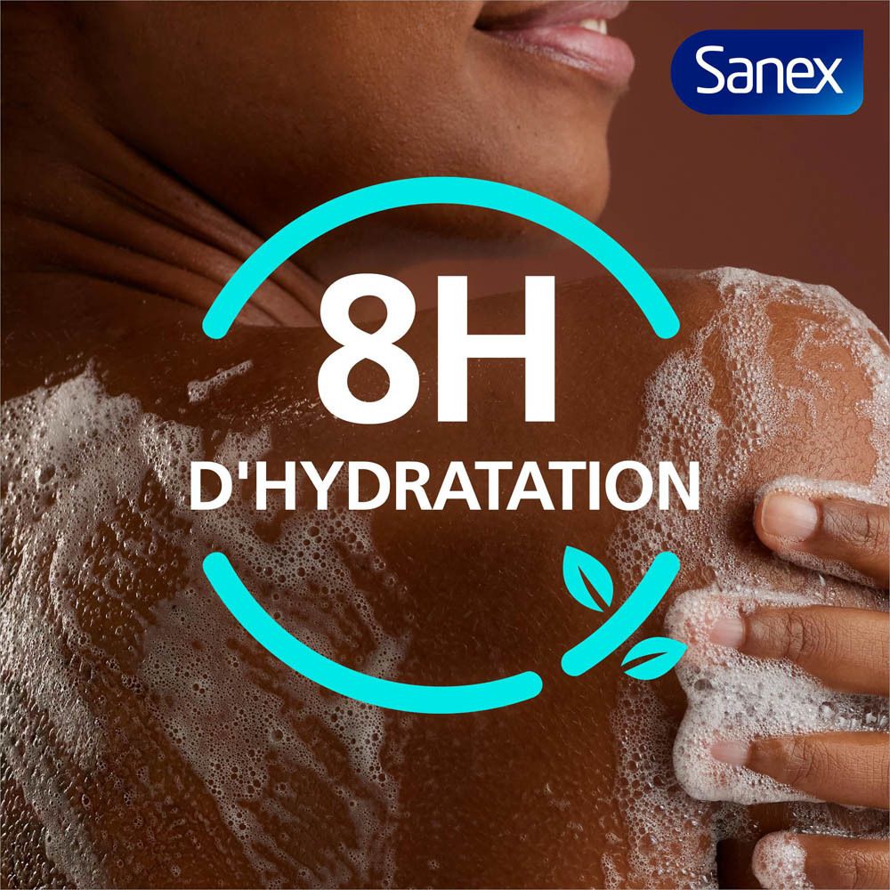 Personne se lave. Texte : 8H D'HYDRATATION. Logo Sanex en haut à droite.