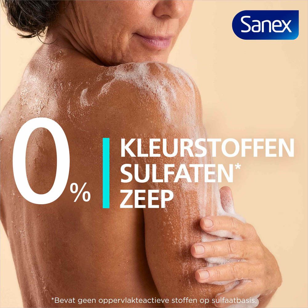 Persoon wast zich. Tekst: 0% KLEURSTOFFEN SULFATEN ZEEP. Sanex logo rechtsboven.