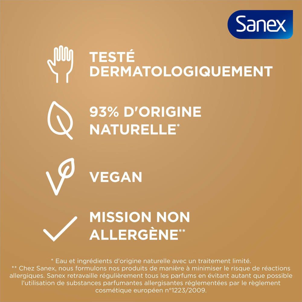 Texte : TESTÉ DERMATOLOGIQUEMENT, 93% D'ORIGINE NATURELLE, VEGAN, MISSION NON ALLERGÈNE. Logo Sanex.