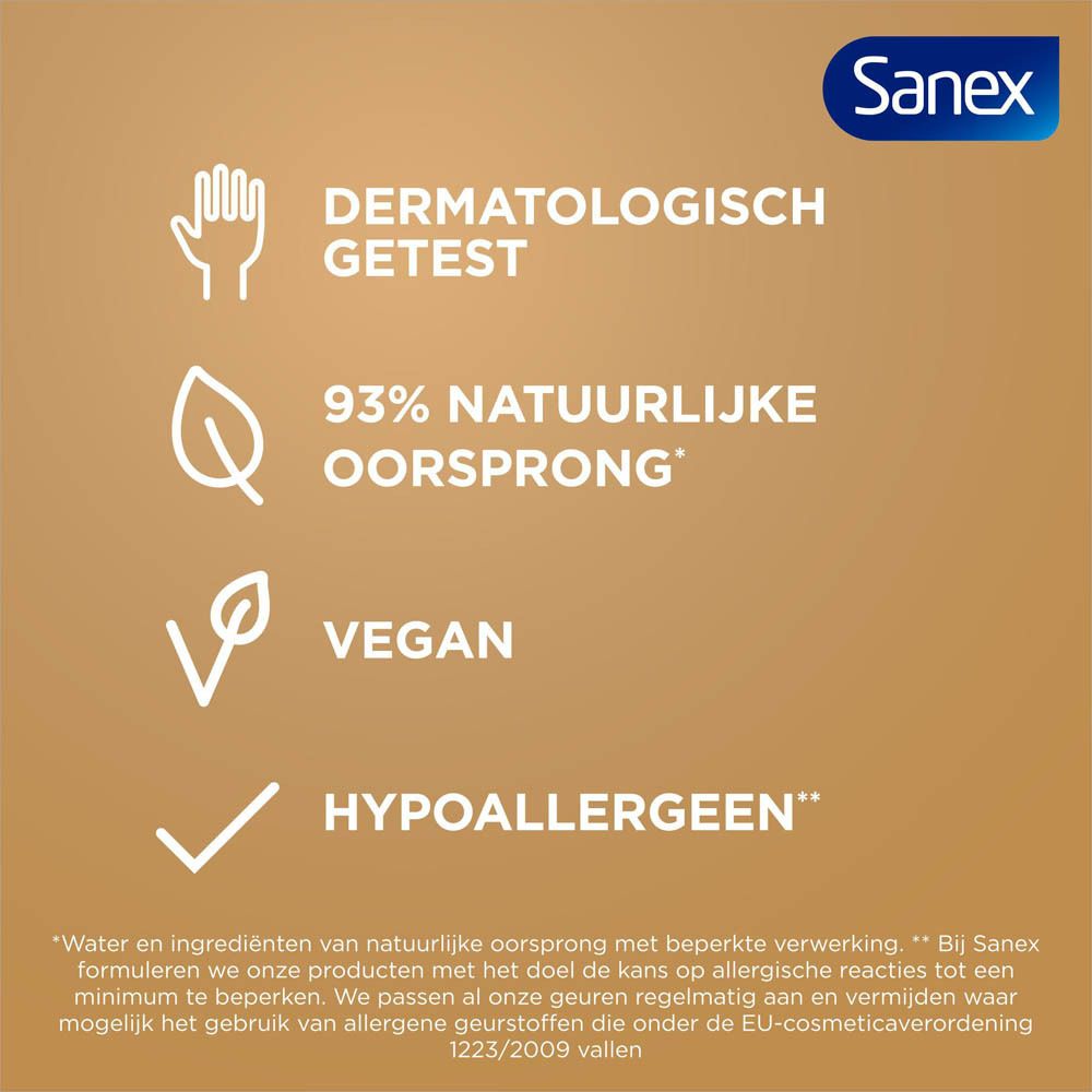 Tekst: DERMATOLOGISCH GETEST, 93% NATUURLIJKE OORSPRONG, VEGAN, HYPOALLERGEEN. Sanex logo.