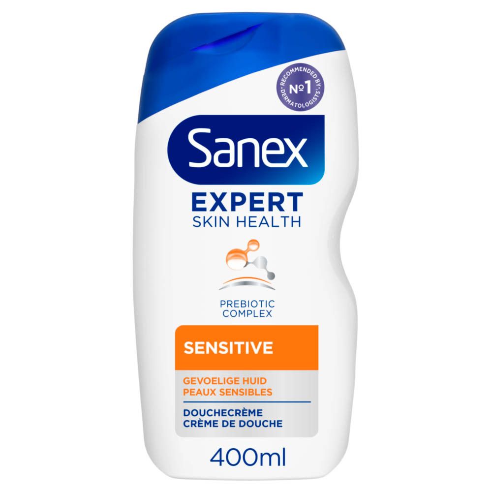 Sanex Expert Skin Health Sensitive Cremedusche. Witte fles, blauwe dop. 400ml. Gevoelige huid.