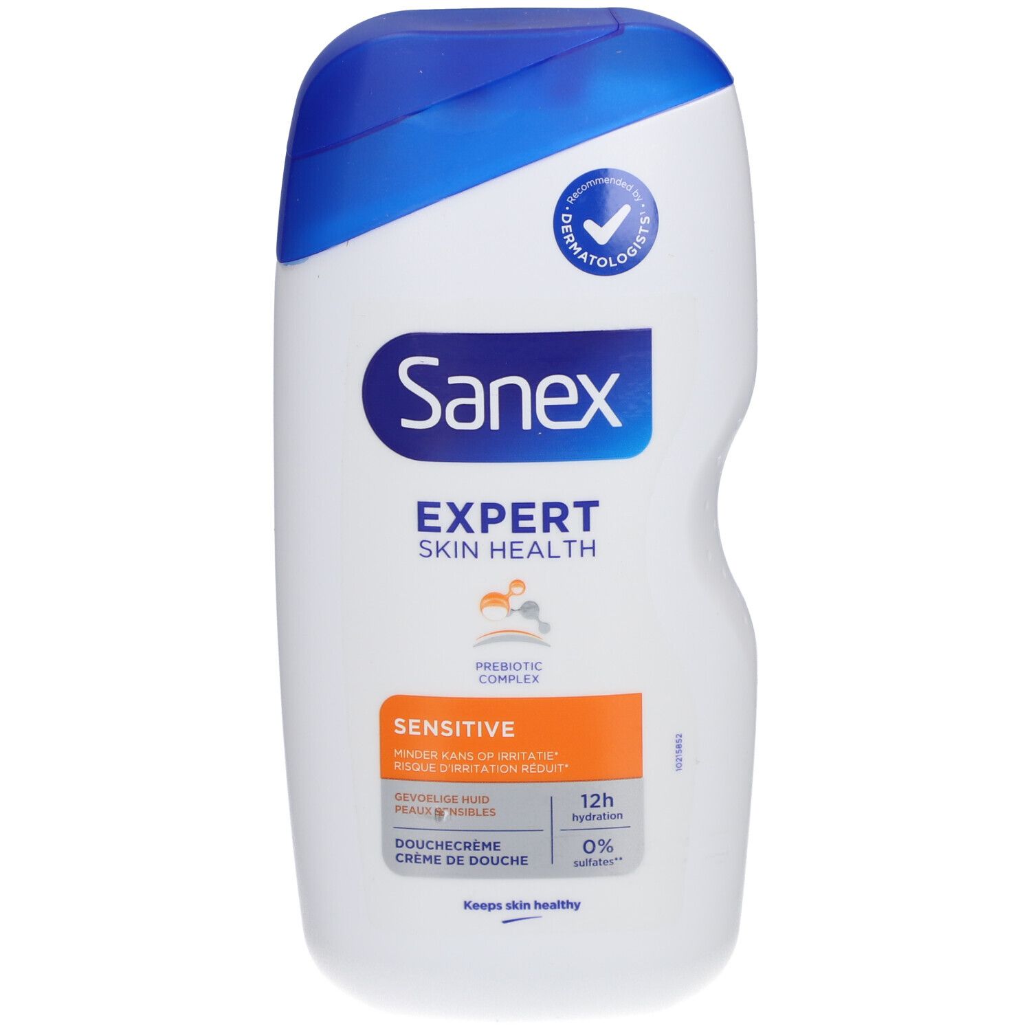 Sanex Expert Skin Health Sensitive Cremedusche. Witte fles met blauwe dop. Dermatologisch getest.