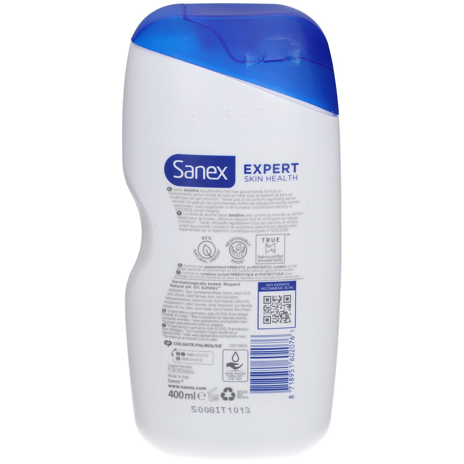 Achterkant van Sanex Expert Skin Health Sensitive Cremedusche. Informatie en QR-code.