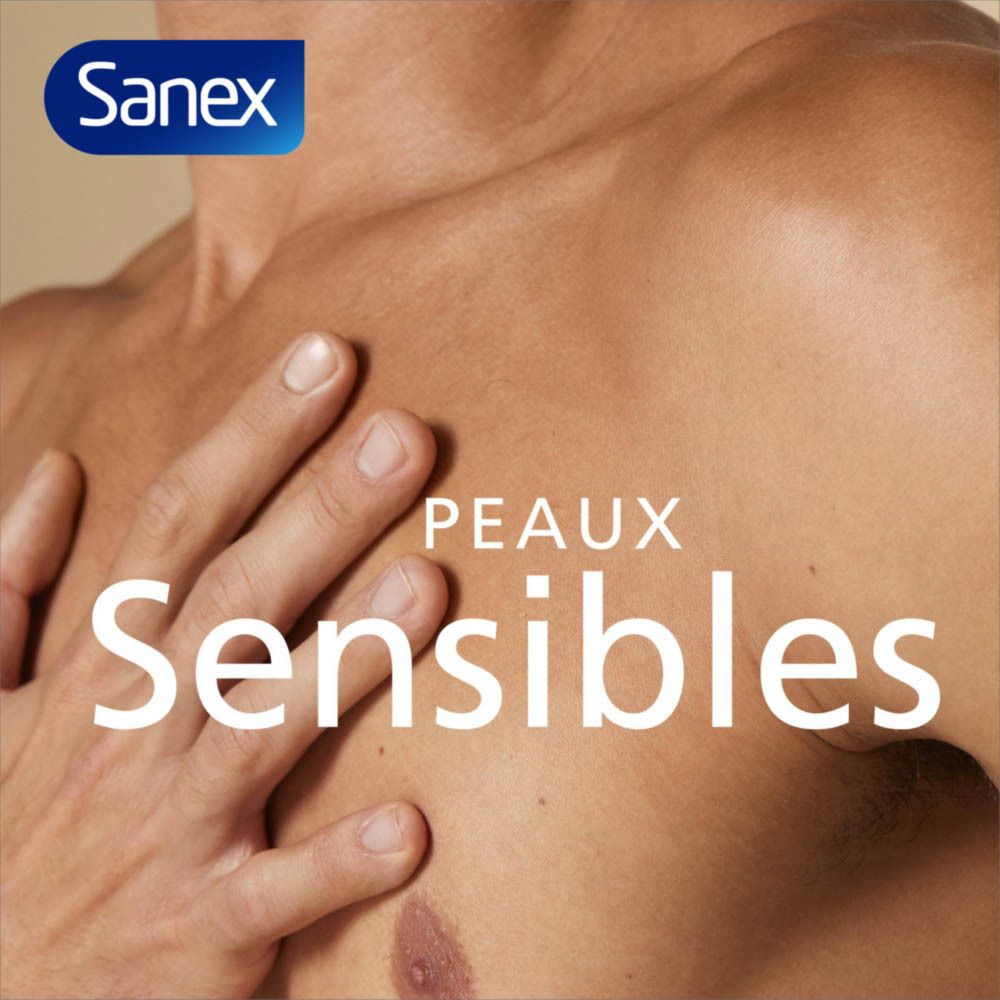 Dos d'une personne. Texte: Risque d'irritation réduit. Logo Sanex.