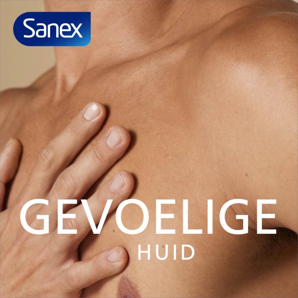 Man raakt borst aan. Tekst: Gevoelige huid. Sanex logo.