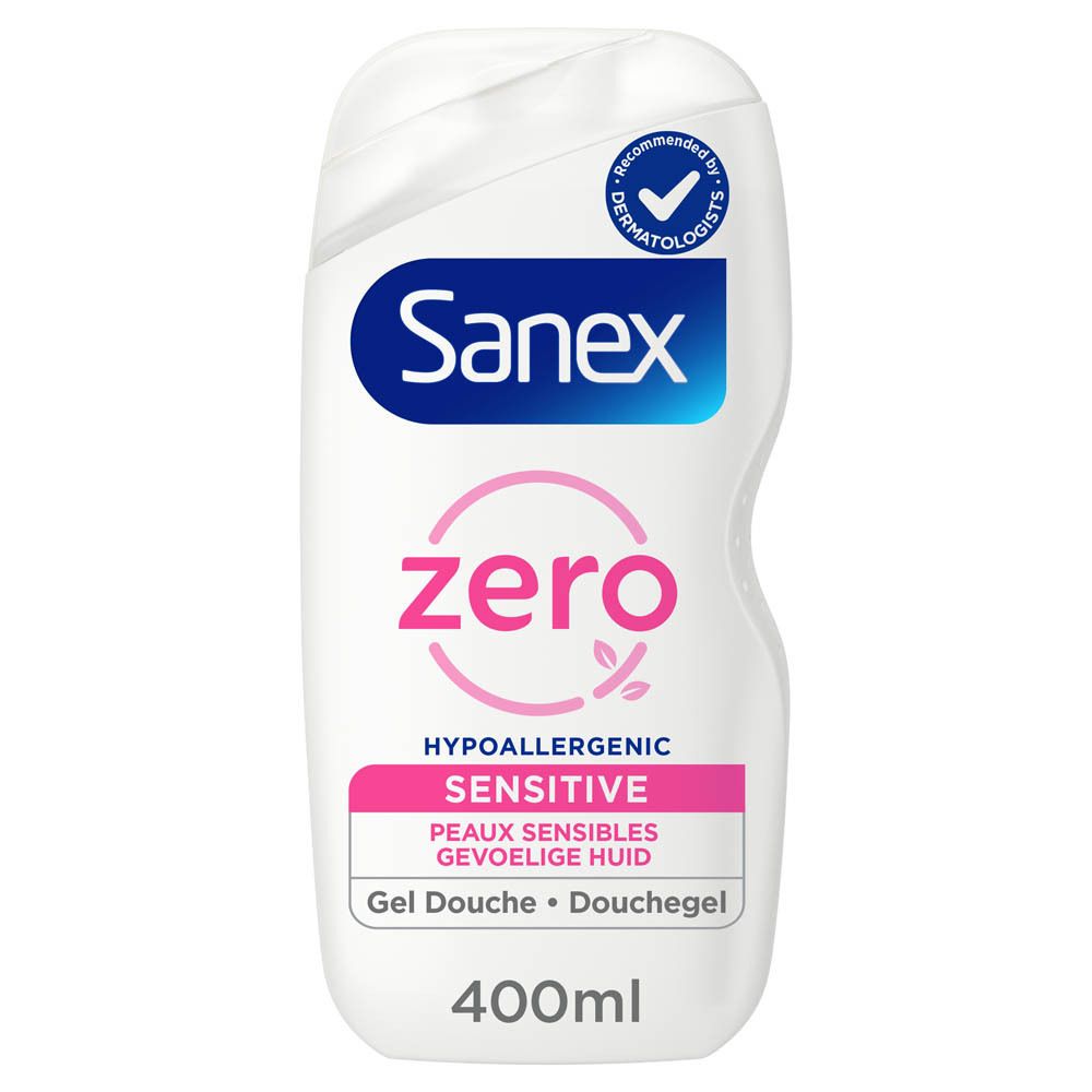 Witte Sanex Zero douchegelfles met blauwe en roze letters. 400ml.