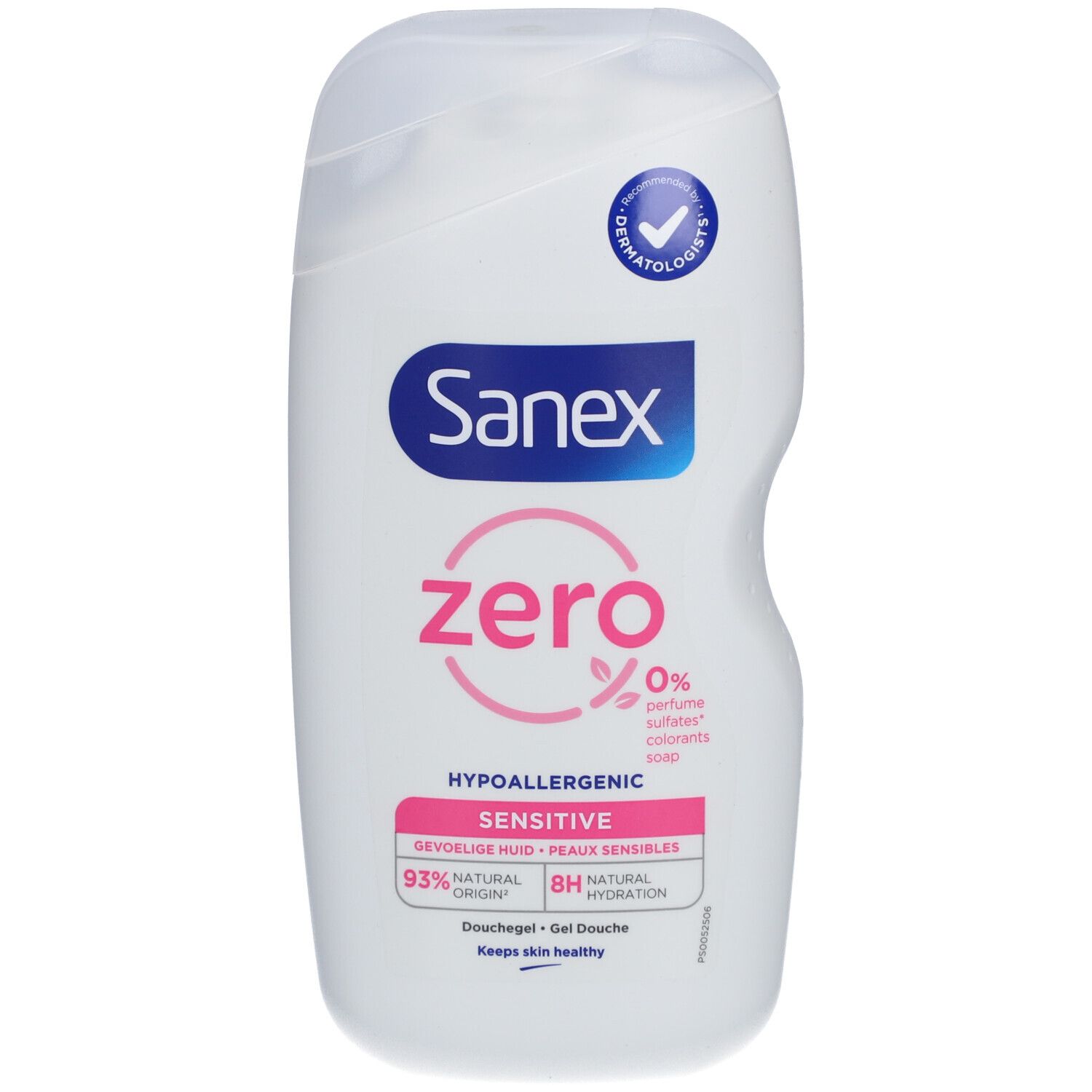 Witte Sanex Zero douchegelfles met blauwe en roze letters. Dermatologisch getest.