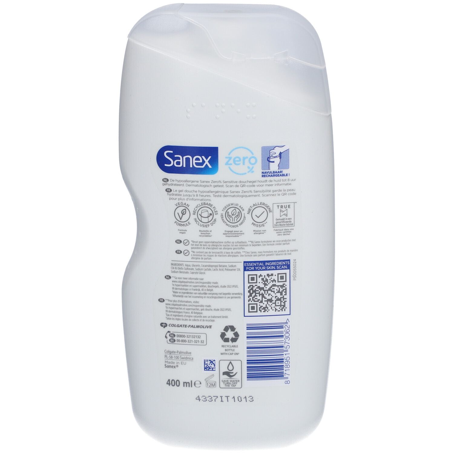 Achterkant van de Sanex Zero douchegelfles. Bevat informatie en logo's. 400 ml.