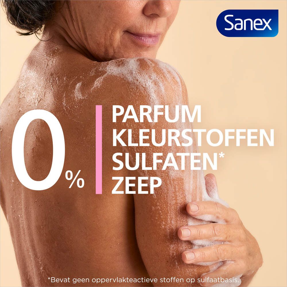 Persoon wast zich. Tekst: 0% PARFUM KLEURSTOFFEN SULFATEN ZEEP.