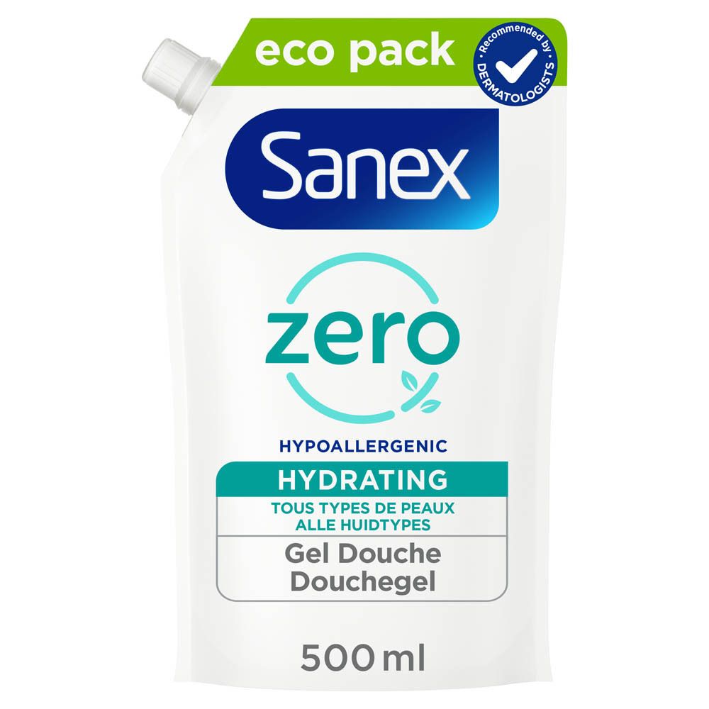 Recharge de gel douche Sanex Zero%. Sachet blanc avec texte vert. 500 ml.