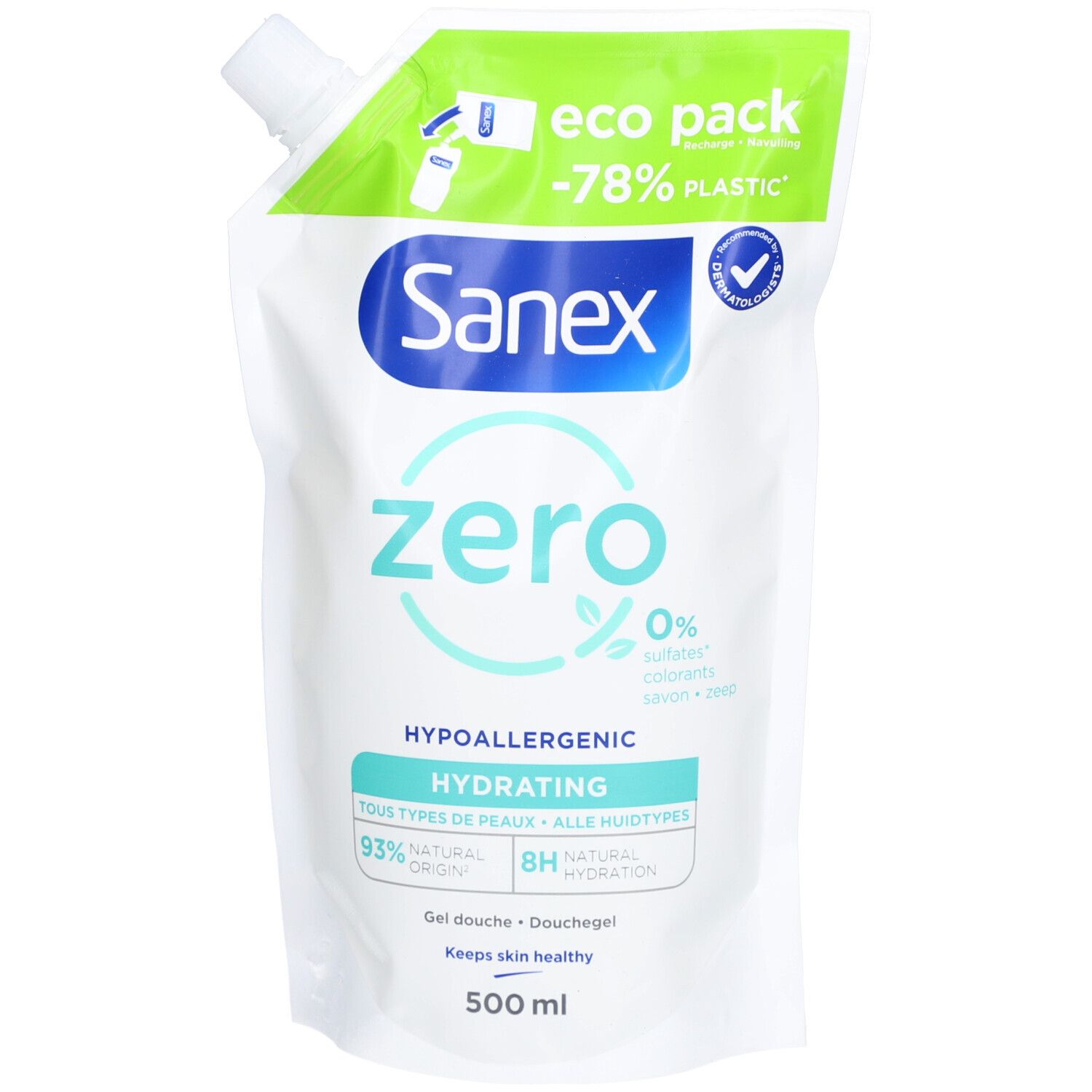 Recharge de gel douche Sanex Zero% blanc. Inscription verte et blanche, 500 ml. Eco pack.