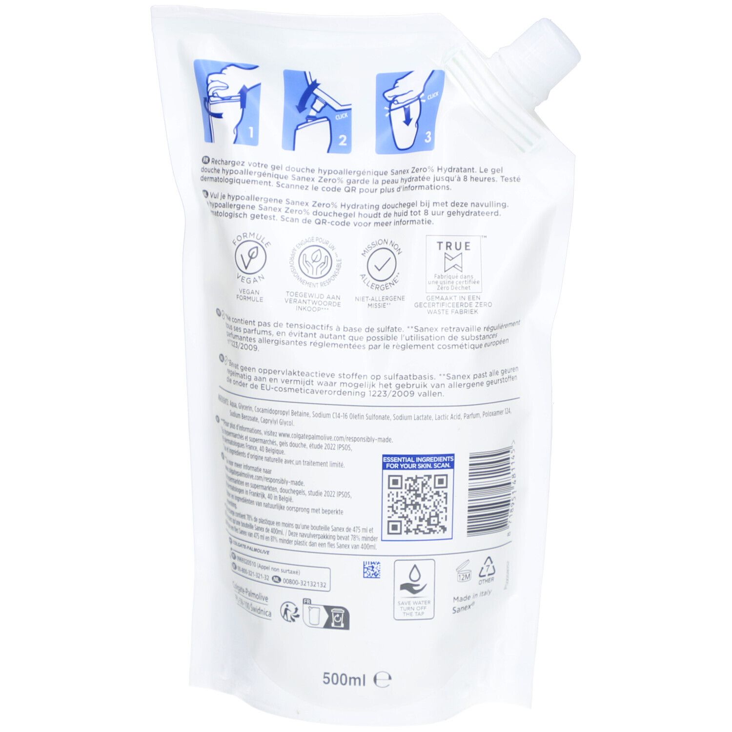 Dos de la recharge de gel douche Sanex Zero%. Texte, logos, code QR et code-barres.