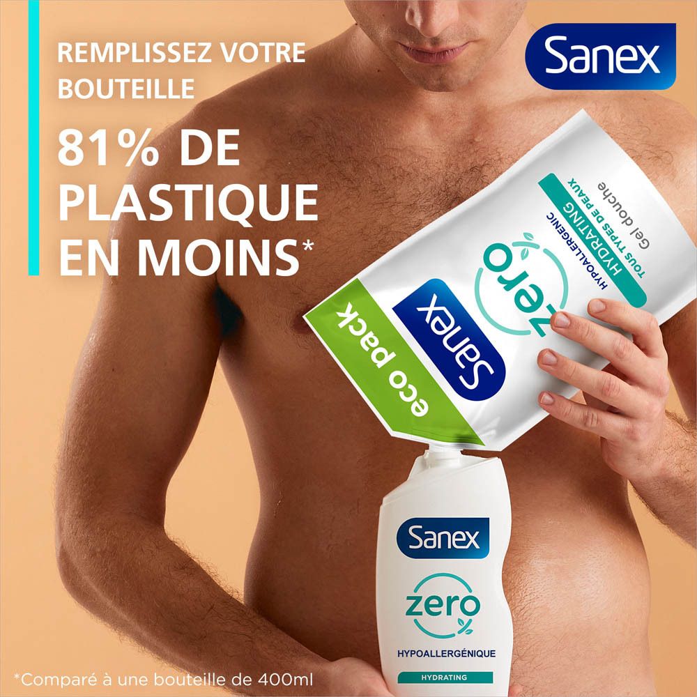 Homme versant une recharge de gel douche Sanex Zero% dans une bouteille. Texte : 81% de plastique en moins.