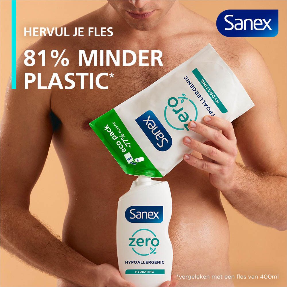 Man die een Sanex Zero% douchegel navulling in een fles giet. Tekst: 81% minder plastic.