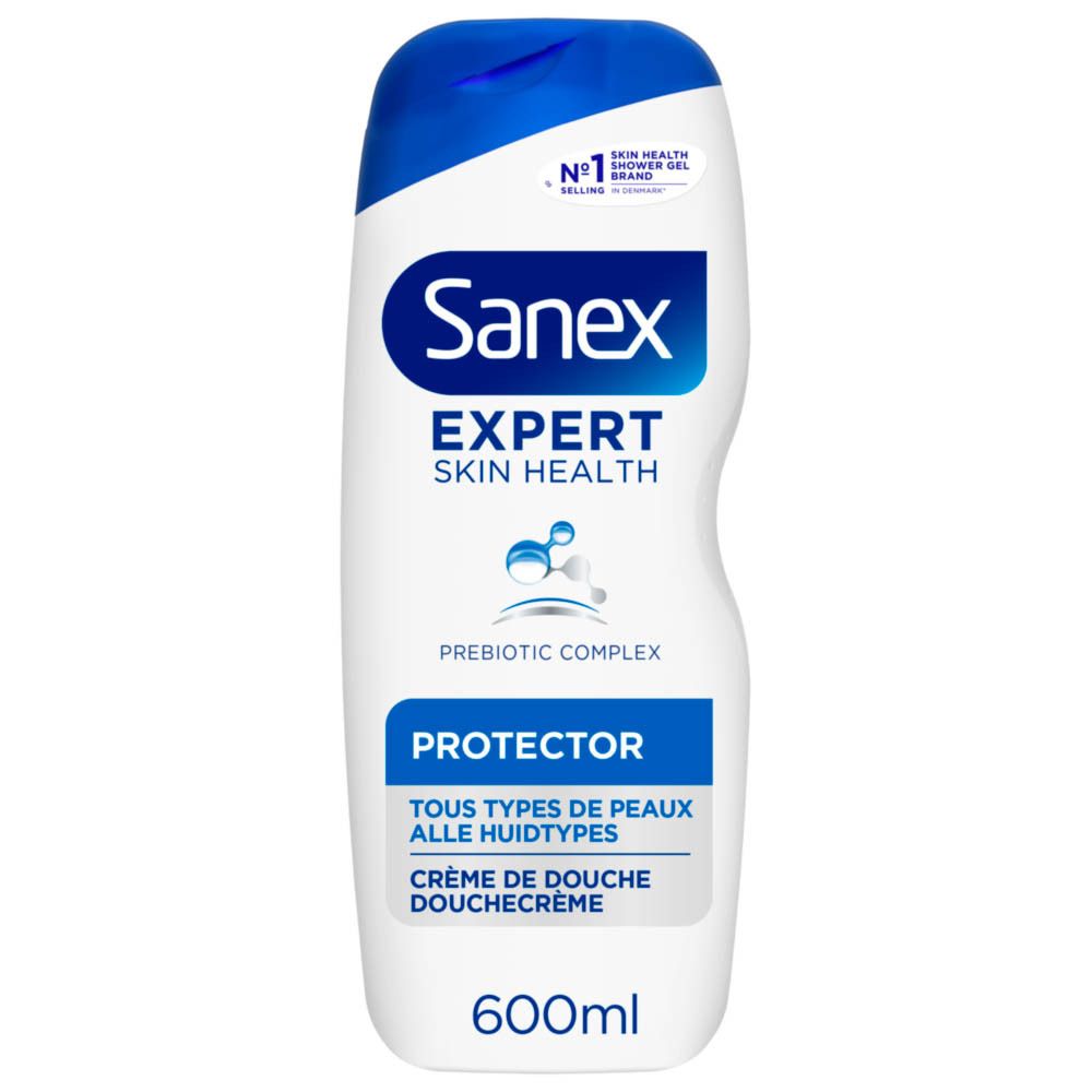Sanex Expert Duschcreme Protector. Flacon blanc, bouchon bleu. Inscription: Sanex, Expert Skin Health, Protector, 600ml.