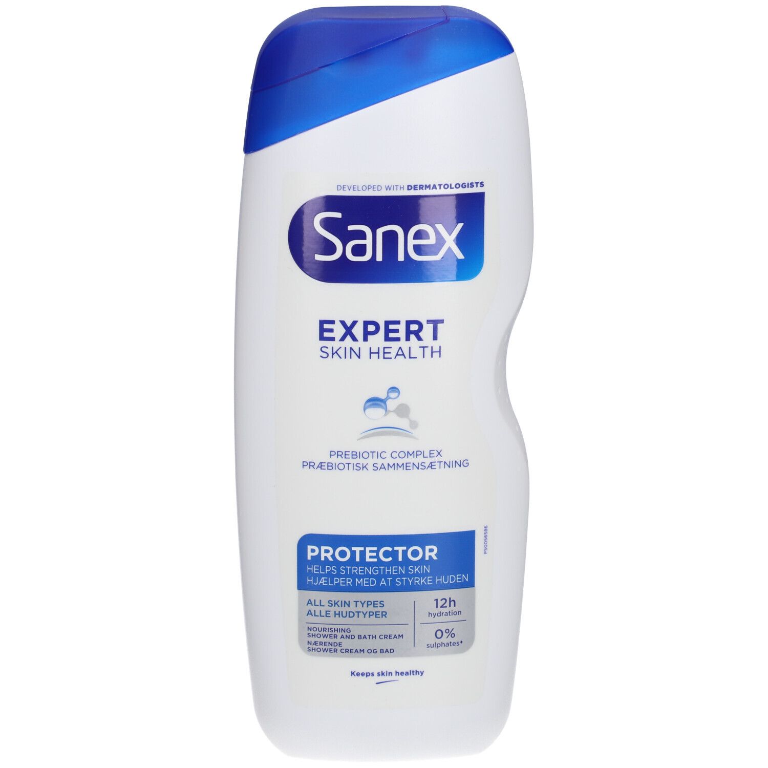 Sanex Expert Duschcreme Protector. Flacon blanc, bouchon bleu. Inscription: Sanex, Expert Skin Health, Protector.