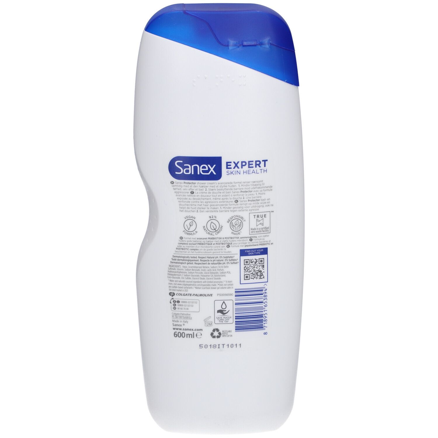 Dos du flacon Sanex Expert Duschcreme Protector. Texte et logos. Code QR et indication de volume 600ml.
