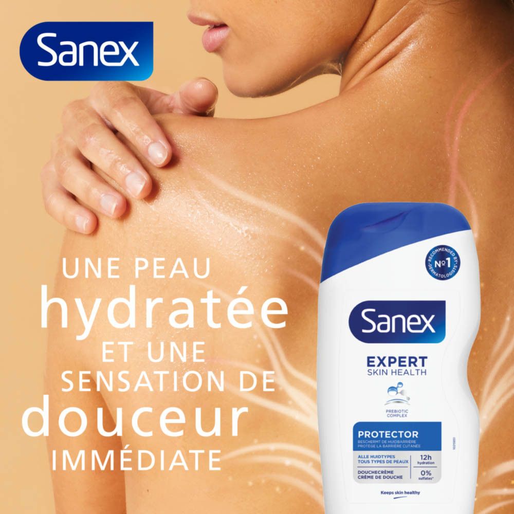 Sanex Duschcreme Protector. Femme avec produit. Texte: Une peau hydratée et une sensation de douceur immédiate.