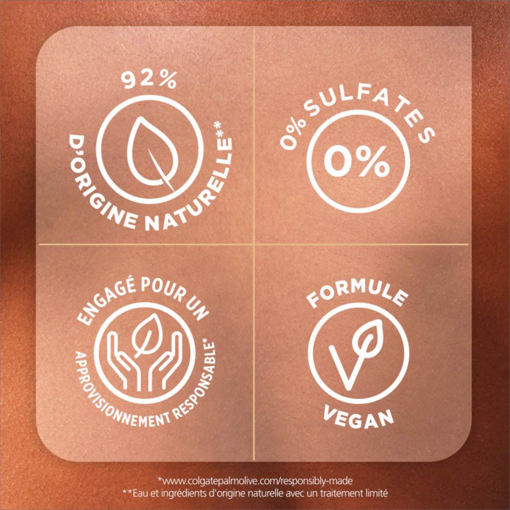 Symboles: 92% d'origine naturelle, 0% sulfates, Vegan, Engagé pour un approvisionnement responsable.