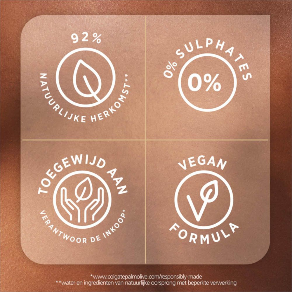 Symbolen: 92% natuurlijke oorsprong, 0% sulfaten, Vegan, Toegewijd aan verantwoorde inkoop.