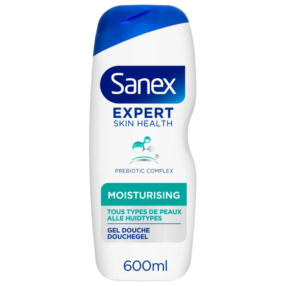 Gel douche Sanex Expert Skin Health. Flacon blanc, bouchon bleu. Inscription : Expert Skin Health, Moisturising, 600ml.