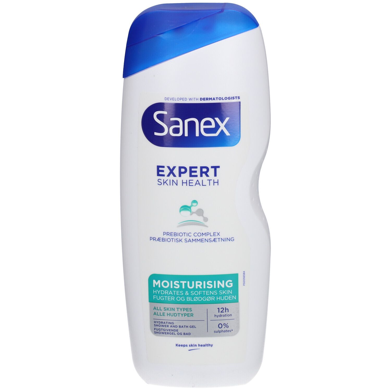 Gel douche Sanex Expert Skin Health. Flacon blanc, bouchon bleu. Inscription : Expert Skin Health, Moisturising.