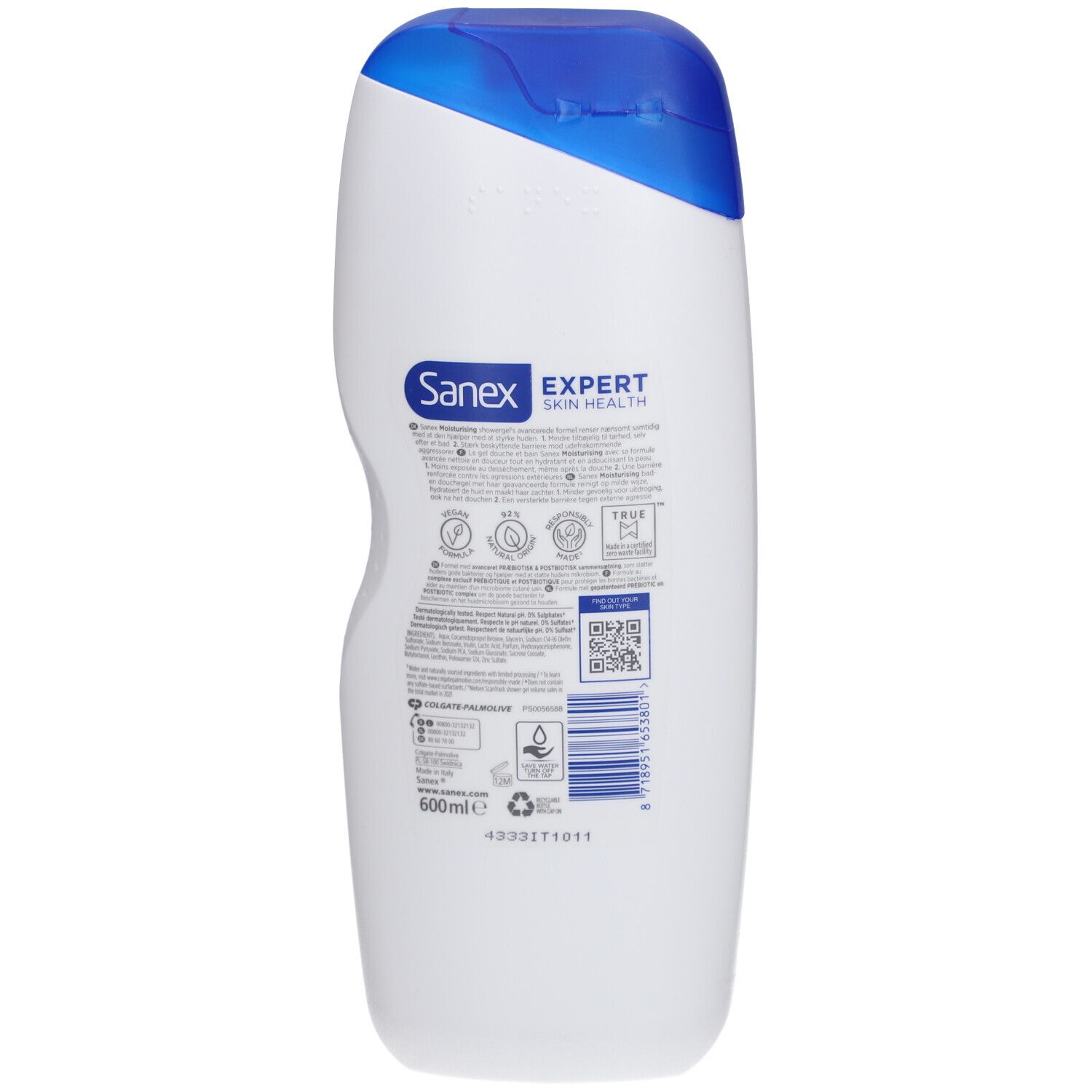 Dos du flacon de gel douche Sanex Expert Skin Health. Informations et code QR. Volume : 600 ml.