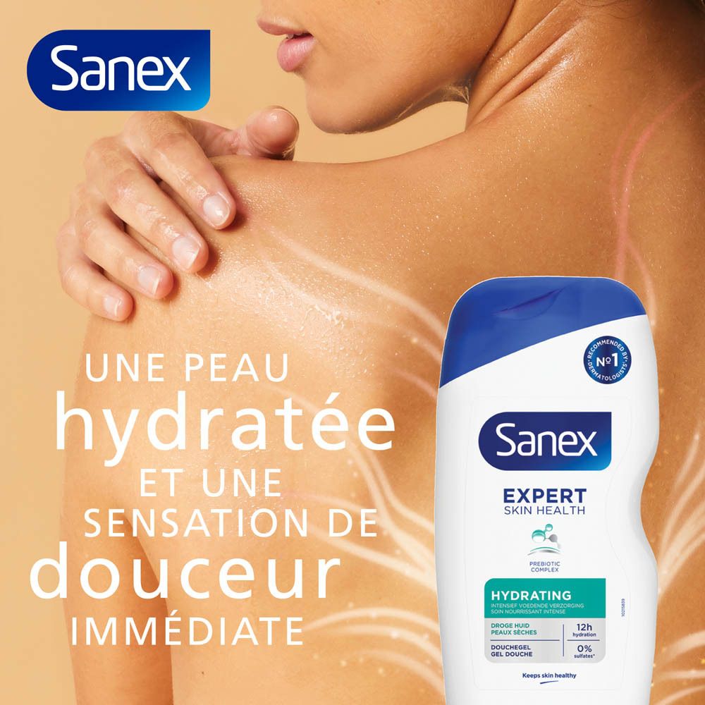 Femme avec peau hydratée. Texte : Une peau hydratée et une sensation de douceur immédiate. Flacon Sanex.