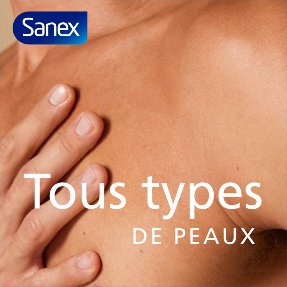 Homme avec peau. Texte : Tous types de peaux. Logo Sanex.