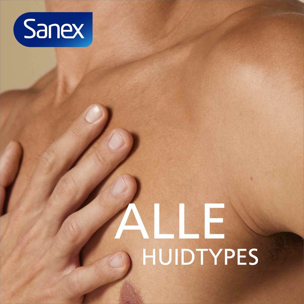 Man met huid. Tekst: Alle huidtypes. Sanex logo.