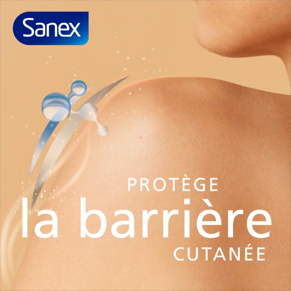Épaule d'une personne. Texte : Protège la barrière cutanée. Logo Sanex.
