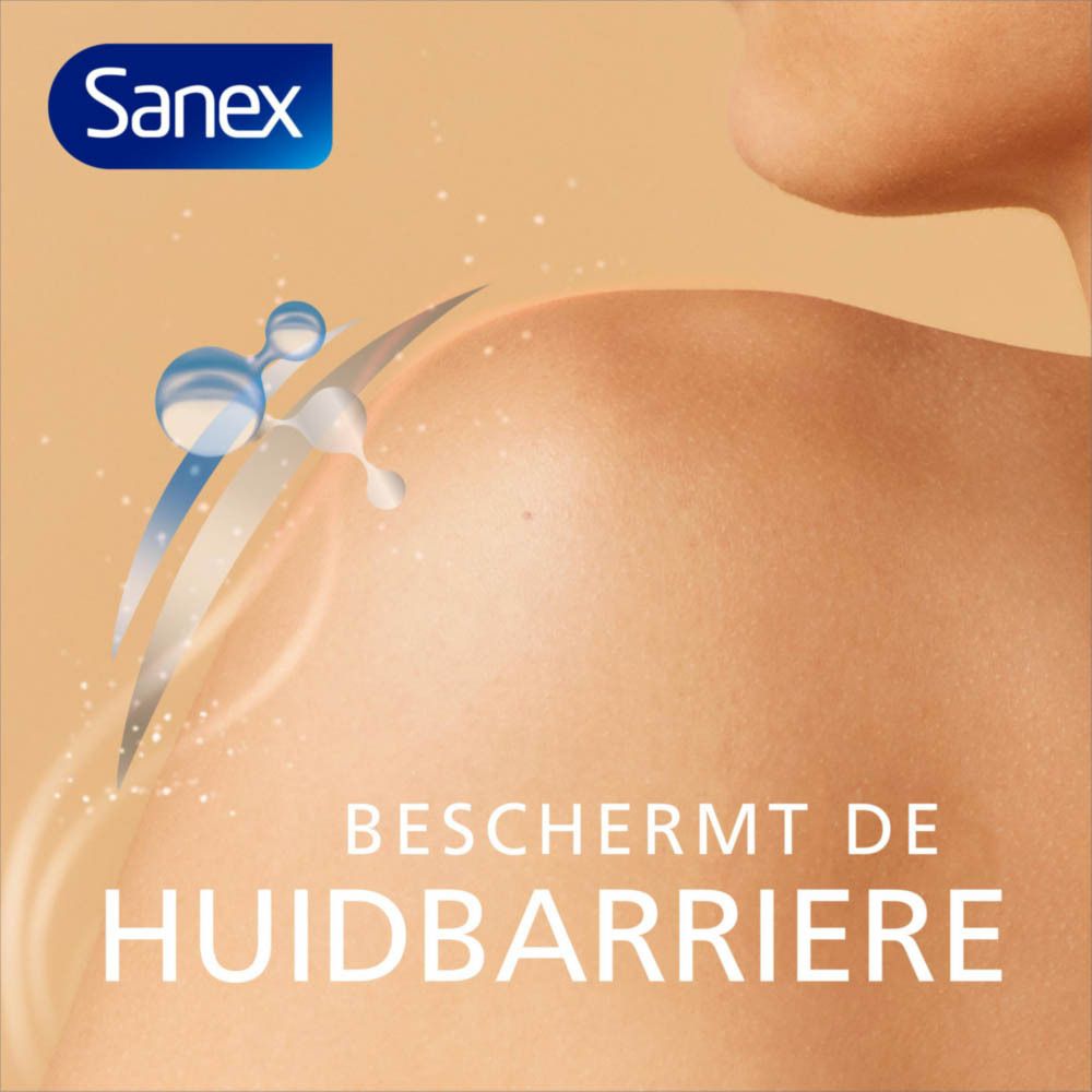 Schouder van een persoon. Tekst: Beschermt de huidbarrière. Sanex logo.