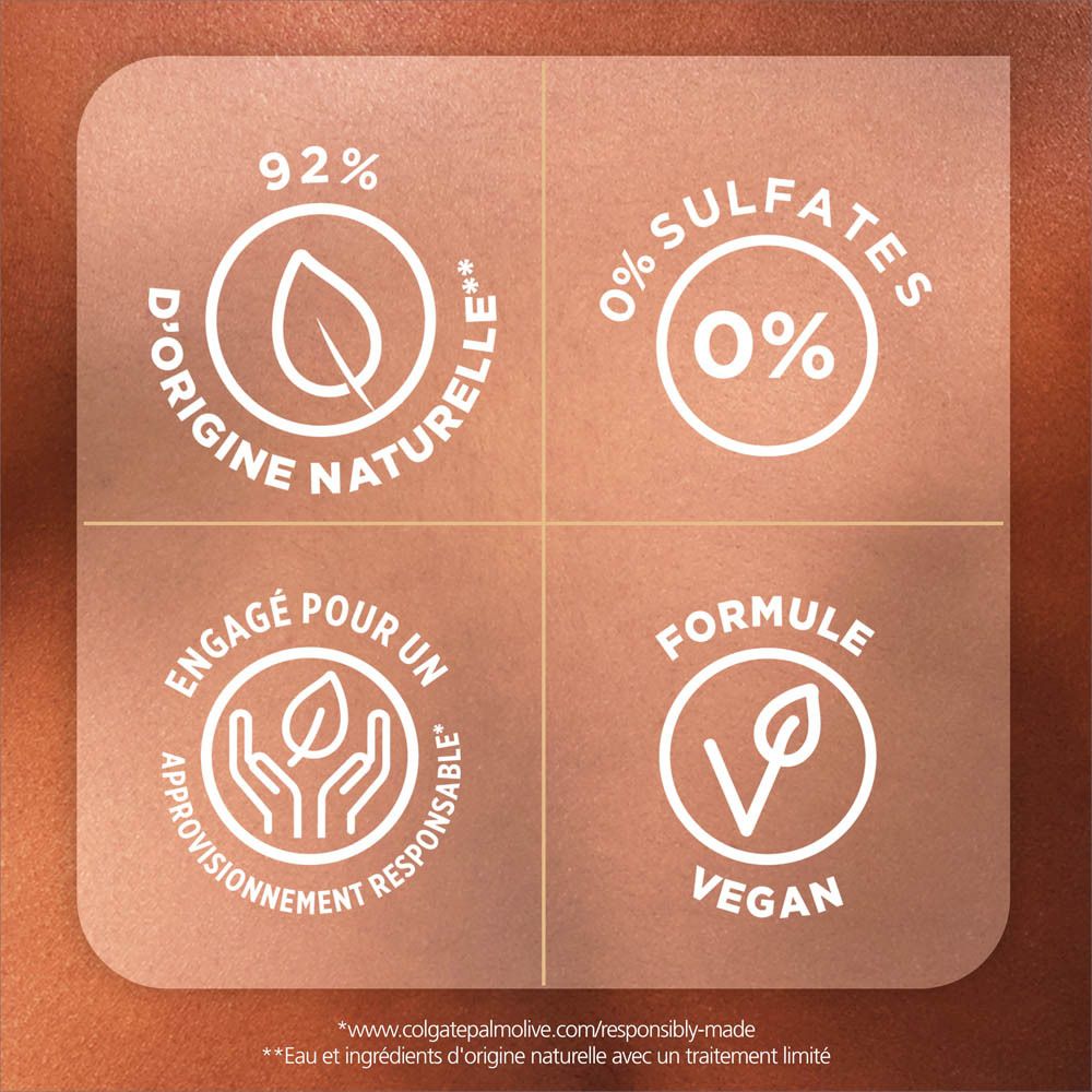 Symboles carrés. Texte : 92% d'origine naturelle, 0% sulfates, Vegan, Approvisionnement responsable.