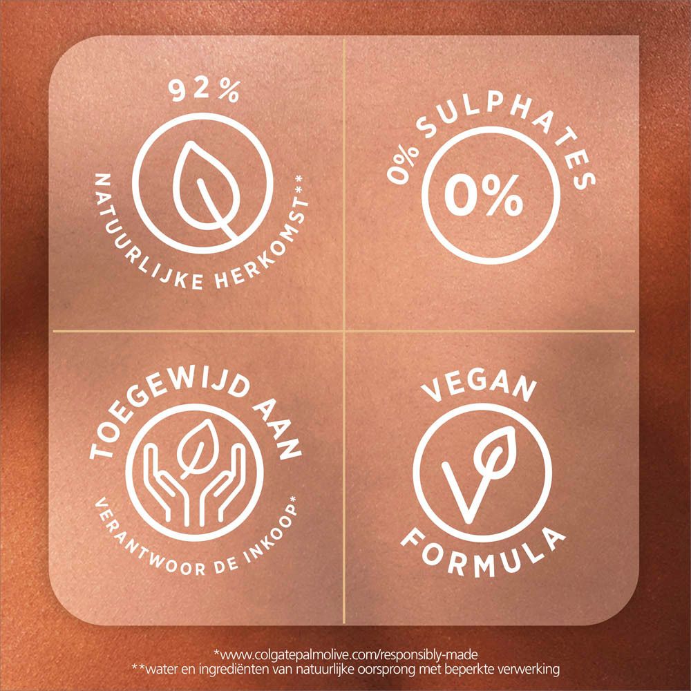 Vierkante symbolen. Tekst: 92% natuurlijke oorsprong, 0% sulfaten, Vegan, Verantwoorde inkoop.
