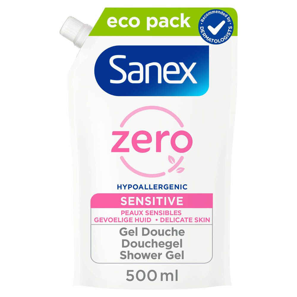 Sanex Zero douchegel refill. Wit, met groene en roze tekst. "Eco Pack". 500 ml.